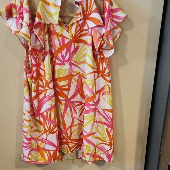 Ashley Stewart Resort-Ready Pink and Orange Flutter Sleeve Dress - Picture 4 of 5